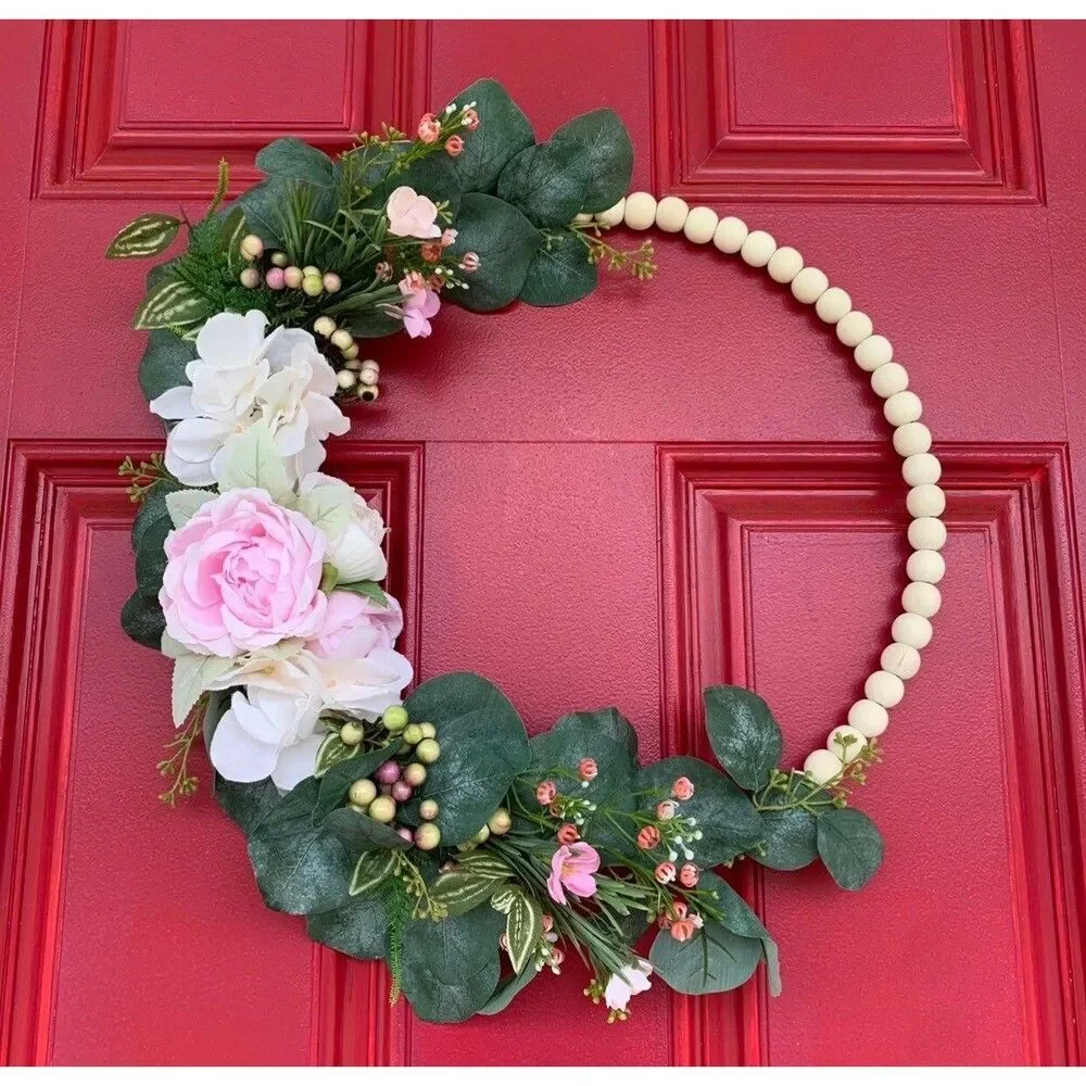 Floral Hoop Wreath: Pink Roses, Eucalyptus, Wood Beads - Boho Farmhouse Decor